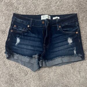 Re/Done Dark Blue Distressed Rolled Hem Denim Shorts